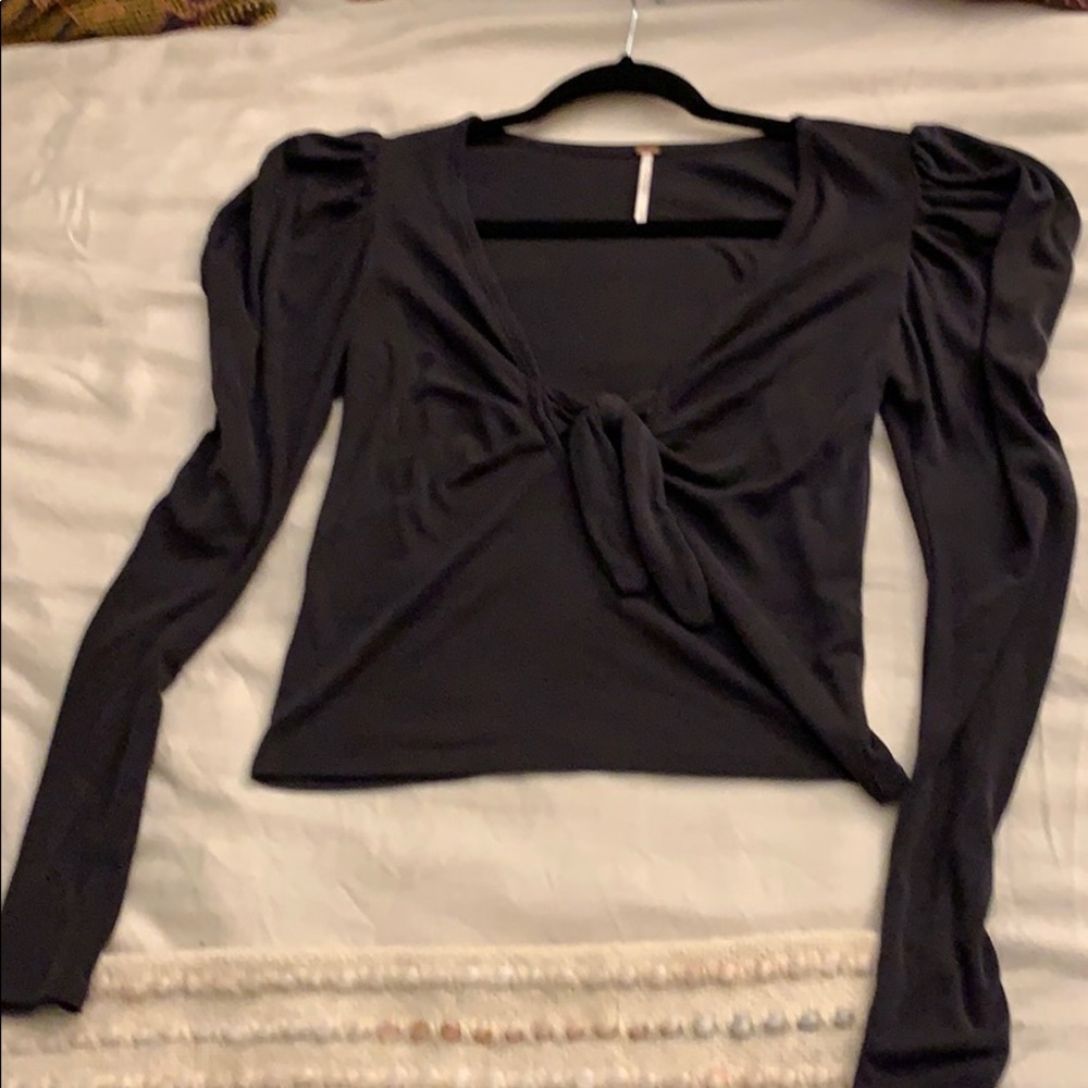 Free People Navy Puffed Sleeve Blouse